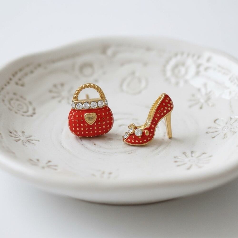 Shoe Purse Earrings Mismatch Red CZ Enamel Stud Gold Retro Boho Bag VTG